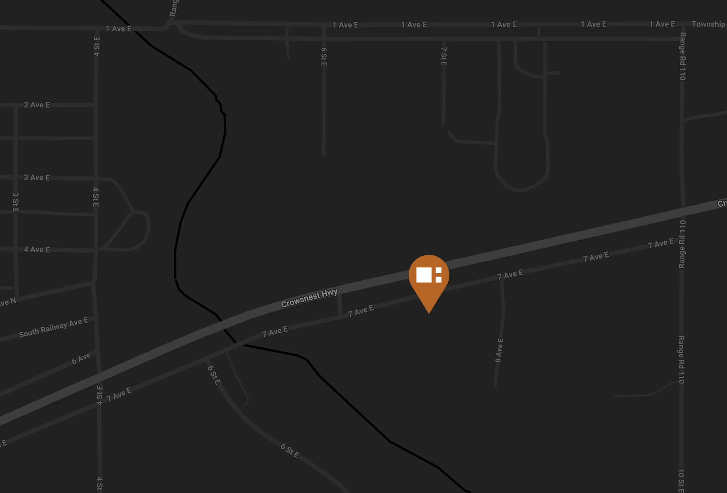 Map of Bow Island showing Crowsnest Highway and 7 Ave E on a dark background, with an orange pin marking the location of our Bow Island kitchen cabinets showroom.
