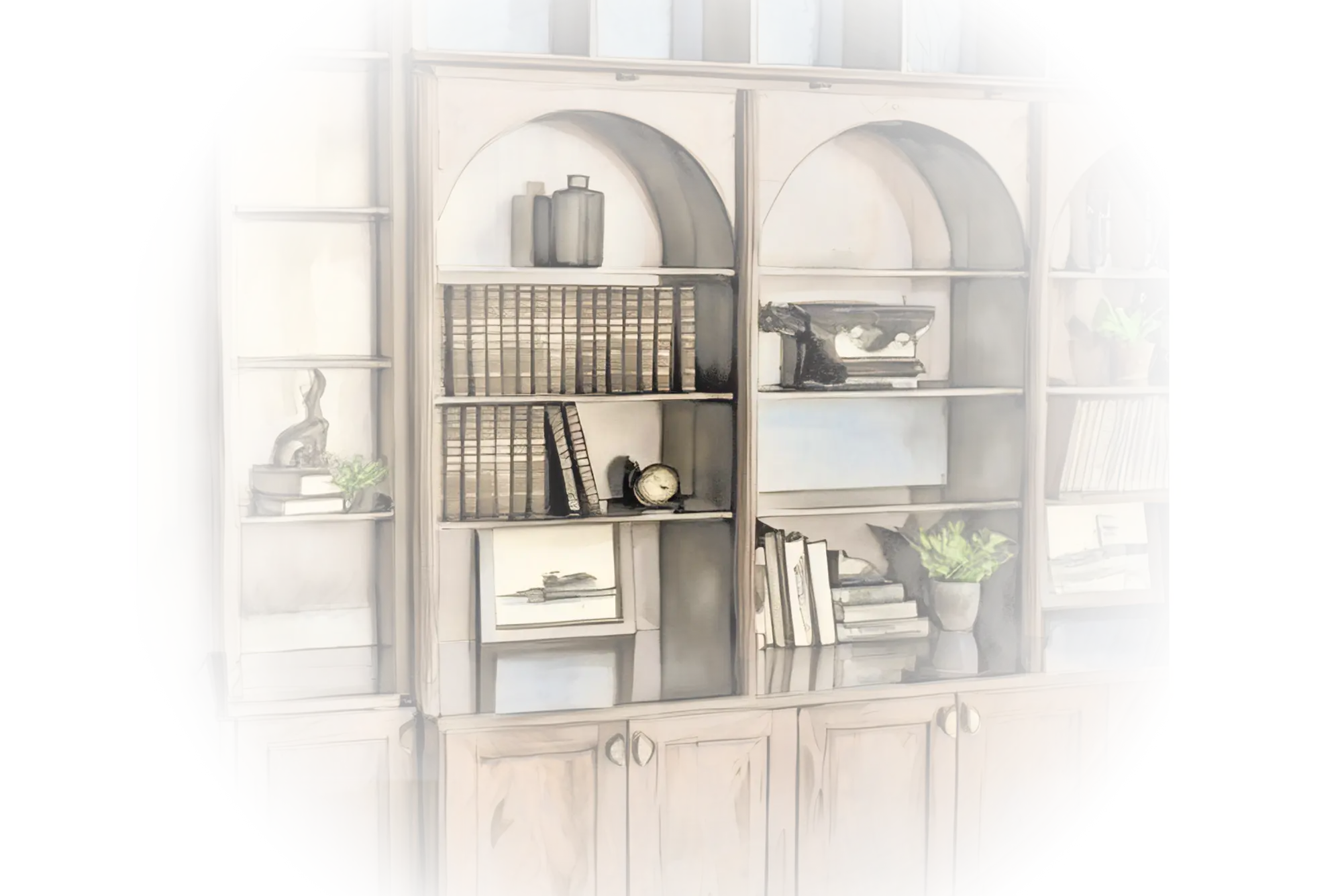 Custom built-in wooden cabinets with arched open shelving above and closed lower storage, styled with books, decorative objects, and potted plants.